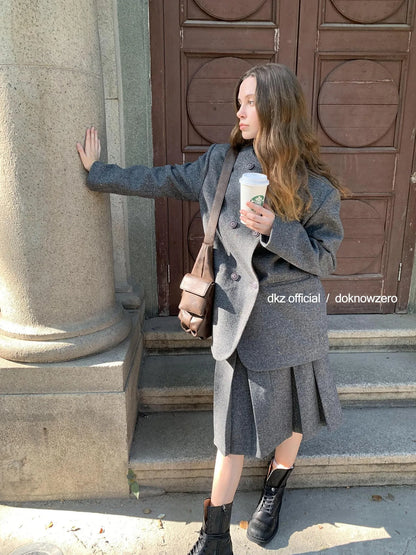 DKZ OFFICIAL Wool Blend Knitted Suit Set With Pleated Skirt