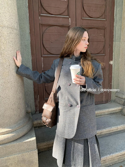 DKZ OFFICIAL Wool Blend Knitted Suit Set With Pleated Skirt