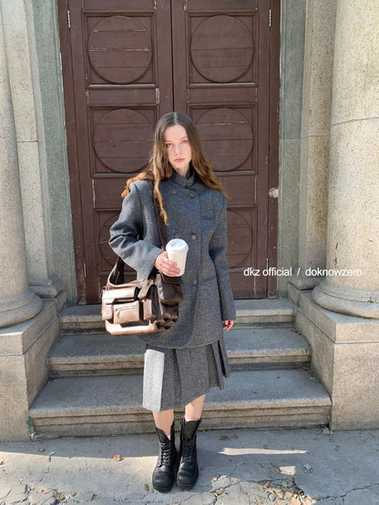 DKZ OFFICIAL Wool Blend Knitted Suit Set With Pleated Skirt