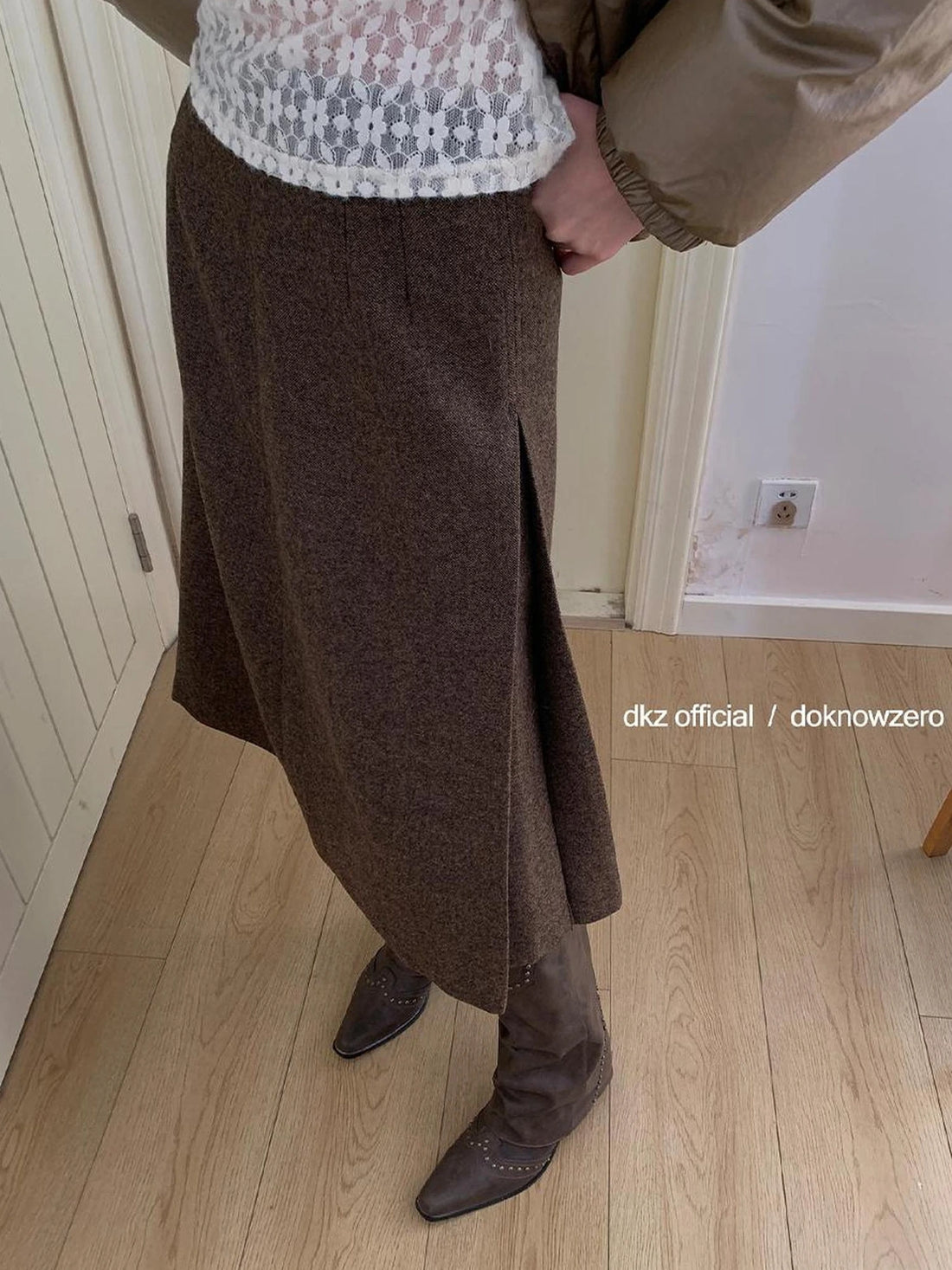DKZ OFFICIAL Wool Blend Pleated A Line Midi Skirt In Coffee