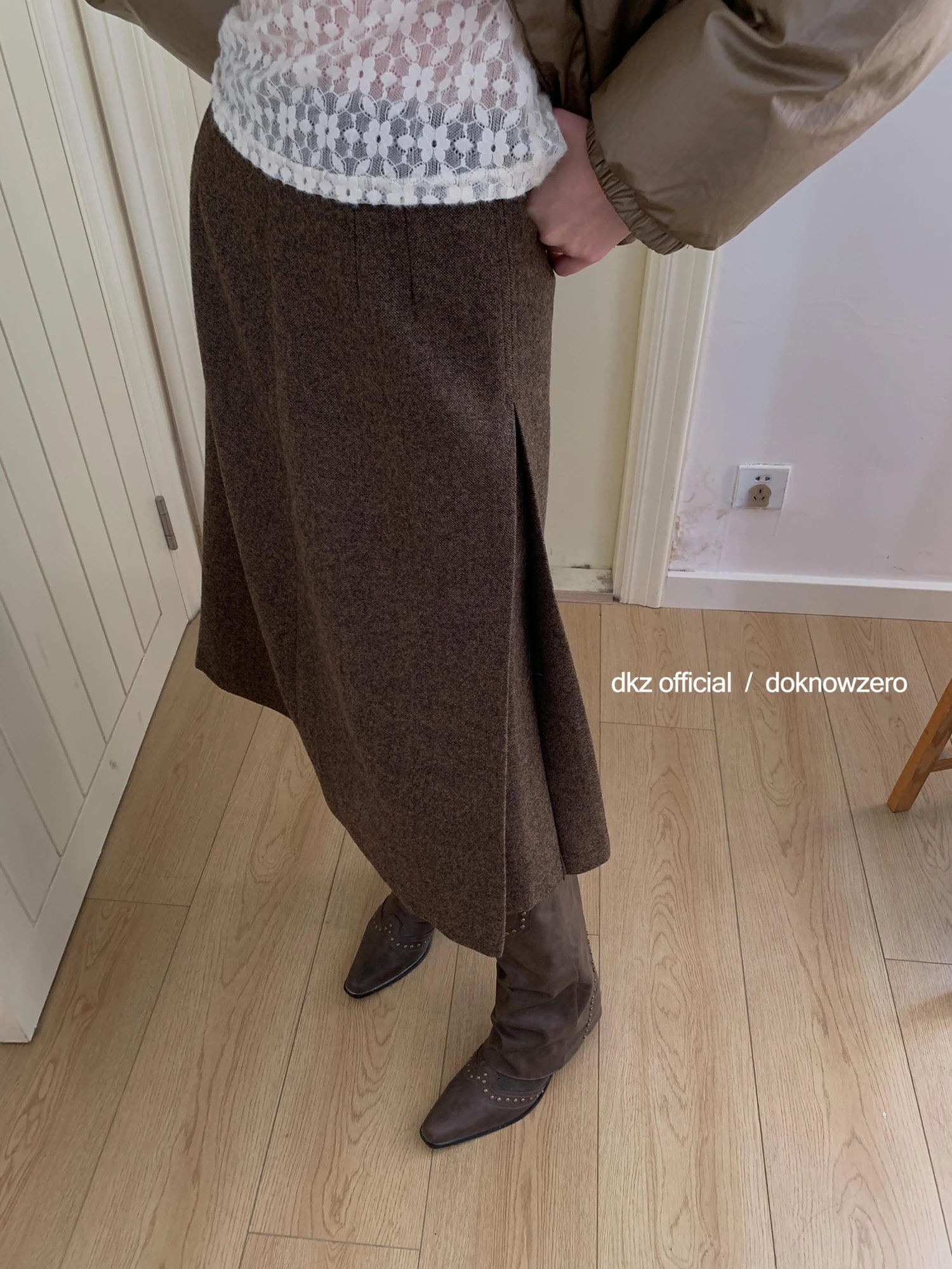 DKZ OFFICIAL Wool Blend Pleated A Line Midi Skirt In Coffee