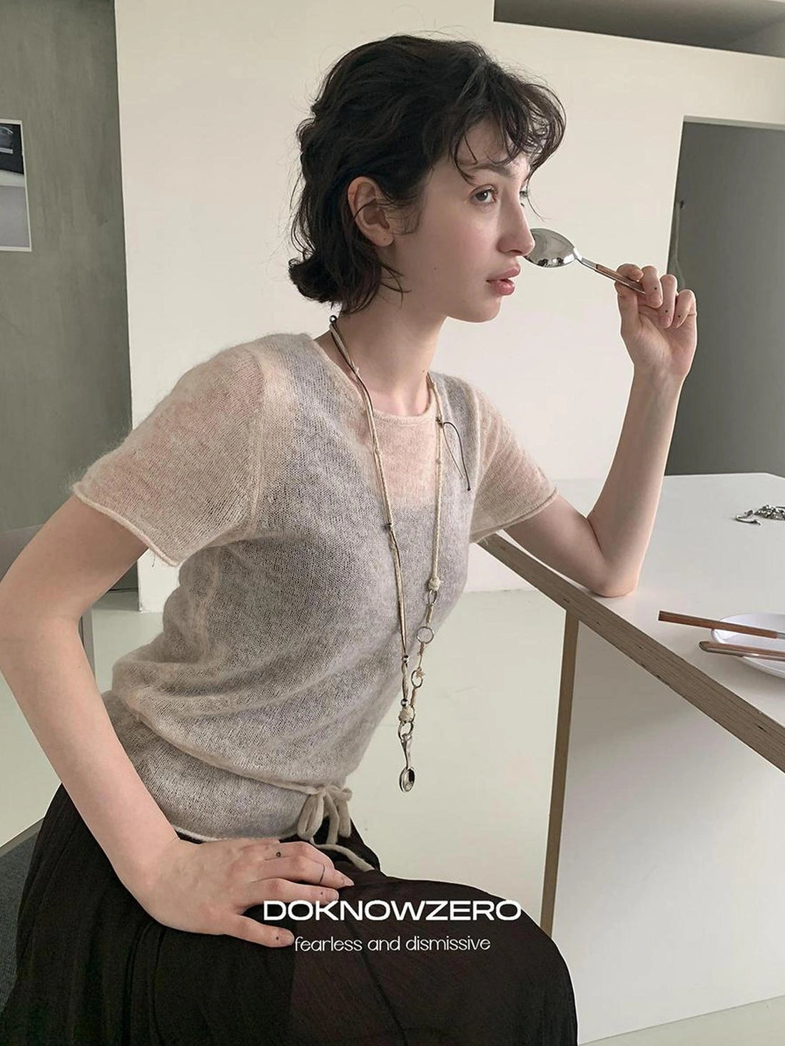 DKZ OFFICIAL Wool Mohair Tie Front Knit Short Sleeve Top