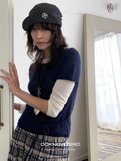 DKZ OFFICIAL Wool Mohair Tie Front Knit Short Sleeve Top