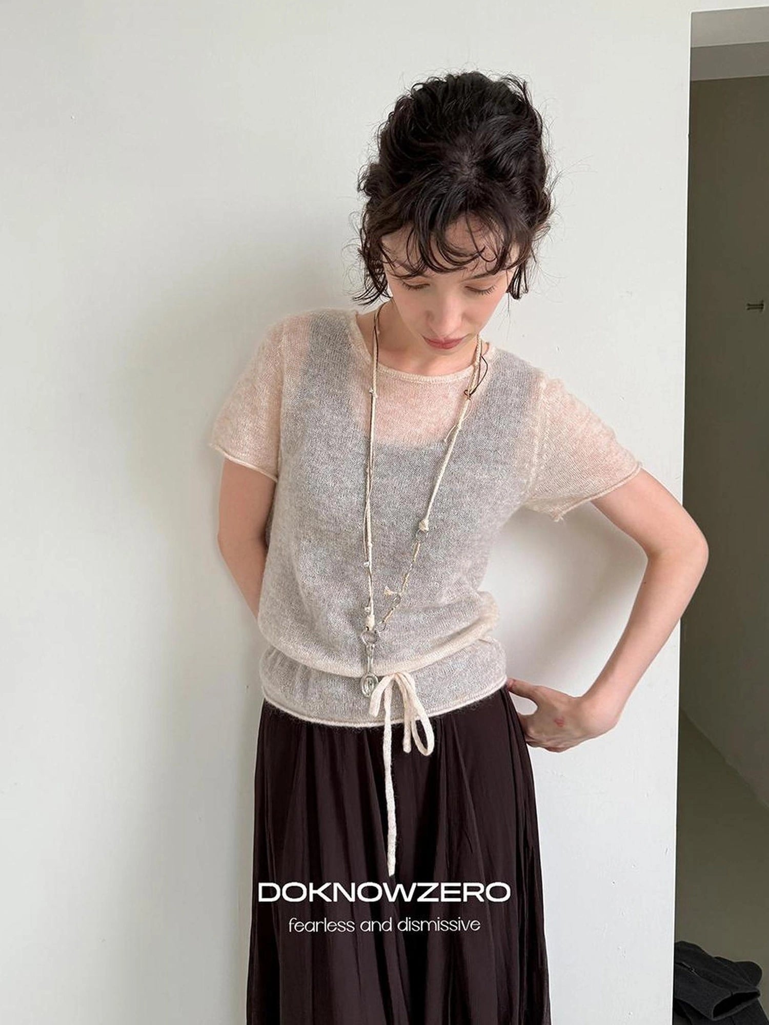 DKZ OFFICIAL Wool Mohair Tie Front Knit Short Sleeve Top