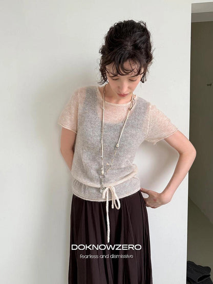 DKZ OFFICIAL Wool Mohair Tie Front Knit Short Sleeve Top