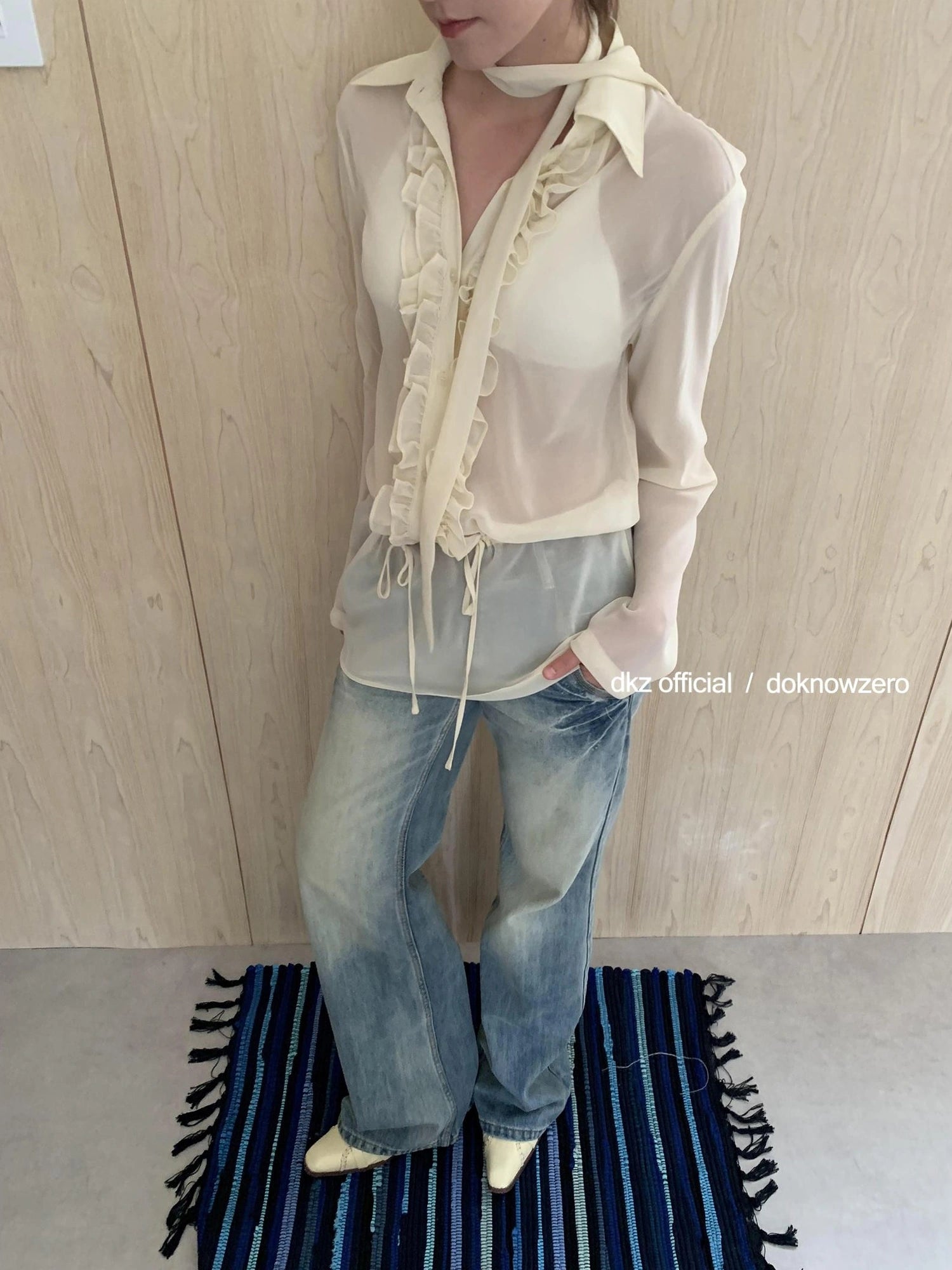 DKZ OFFICIAL Yellow Flounced Sleeve Sheer Midi Blouse Spring Lightweight