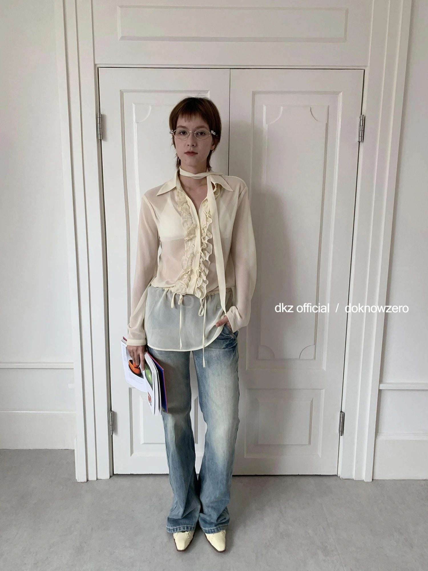 DKZ OFFICIAL Yellow Flounced Sleeve Sheer Midi Blouse Spring Lightweight
