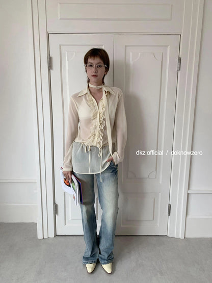 DKZ OFFICIAL Yellow Flounced Sleeve Sheer Midi Blouse Spring Lightweight