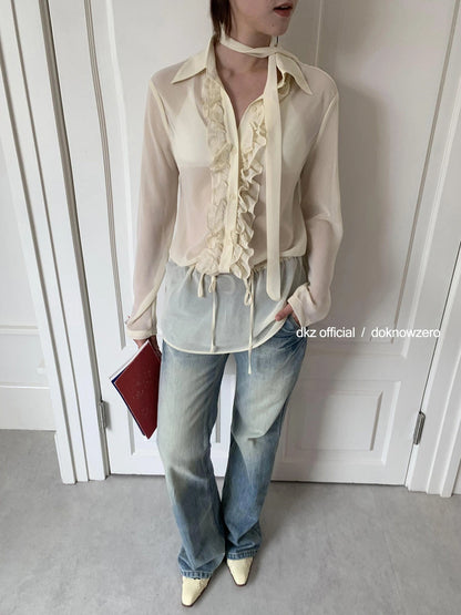 DKZ OFFICIAL Yellow Flounced Sleeve Sheer Midi Blouse Spring Lightweight