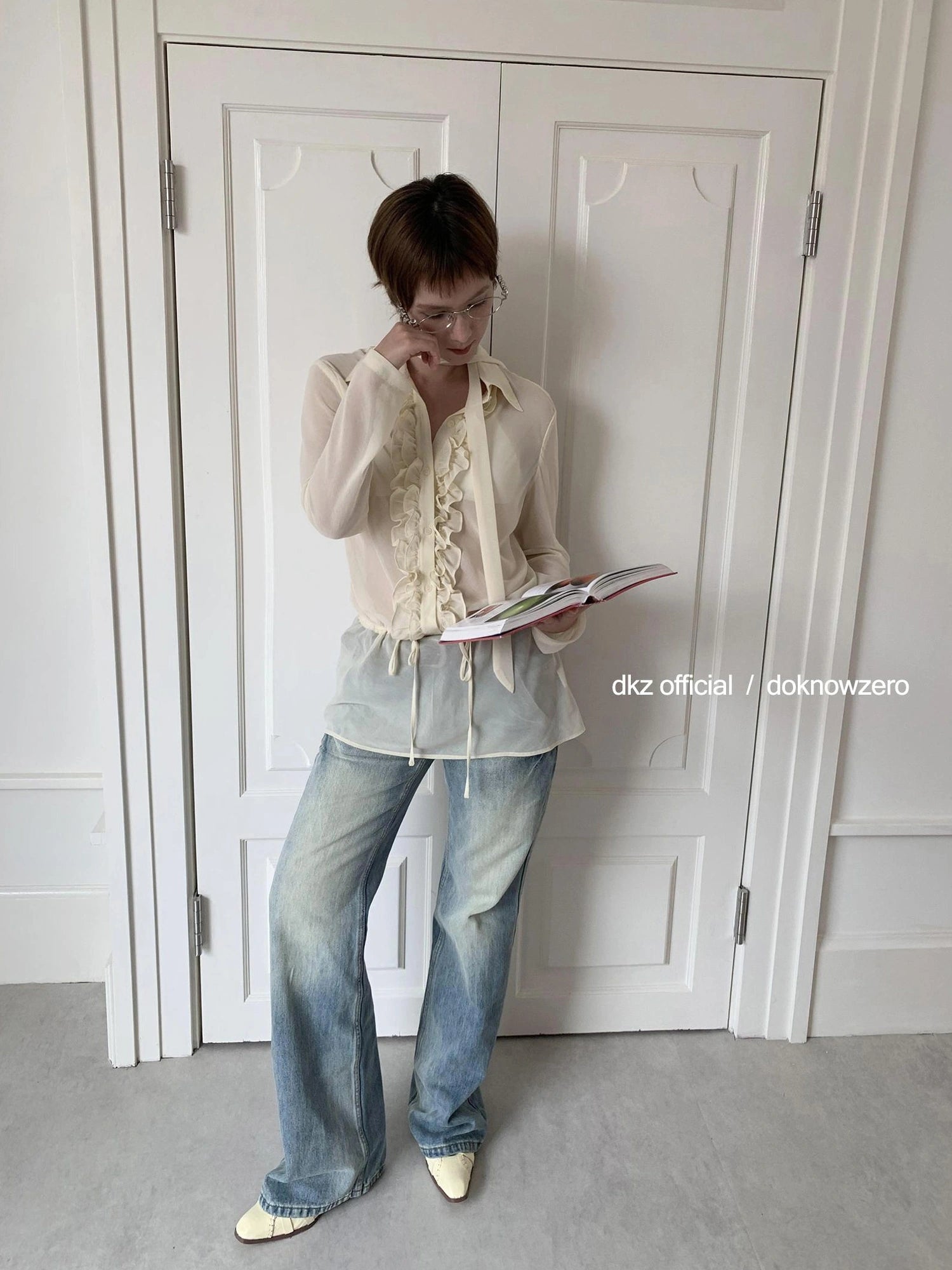 DKZ OFFICIAL Yellow Flounced Sleeve Sheer Midi Blouse Spring Lightweight