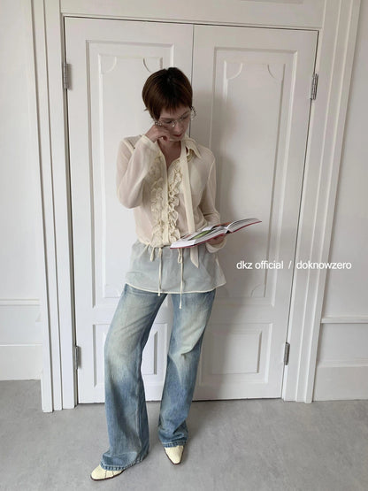 DKZ OFFICIAL Yellow Flounced Sleeve Sheer Midi Blouse Spring Lightweight