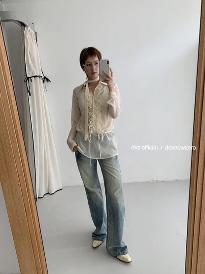 DKZ OFFICIAL Yellow Flounced Sleeve Sheer Midi Blouse Spring Lightweight