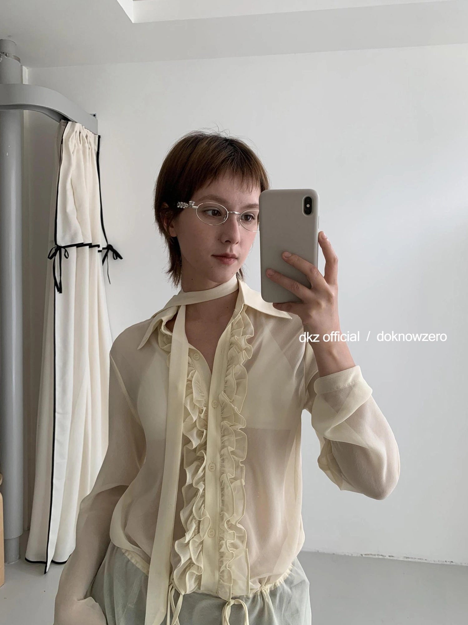 DKZ OFFICIAL Yellow Flounced Sleeve Sheer Midi Blouse Spring Lightweight