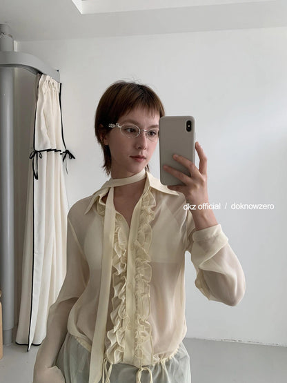 DKZ OFFICIAL Yellow Flounced Sleeve Sheer Midi Blouse Spring Lightweight