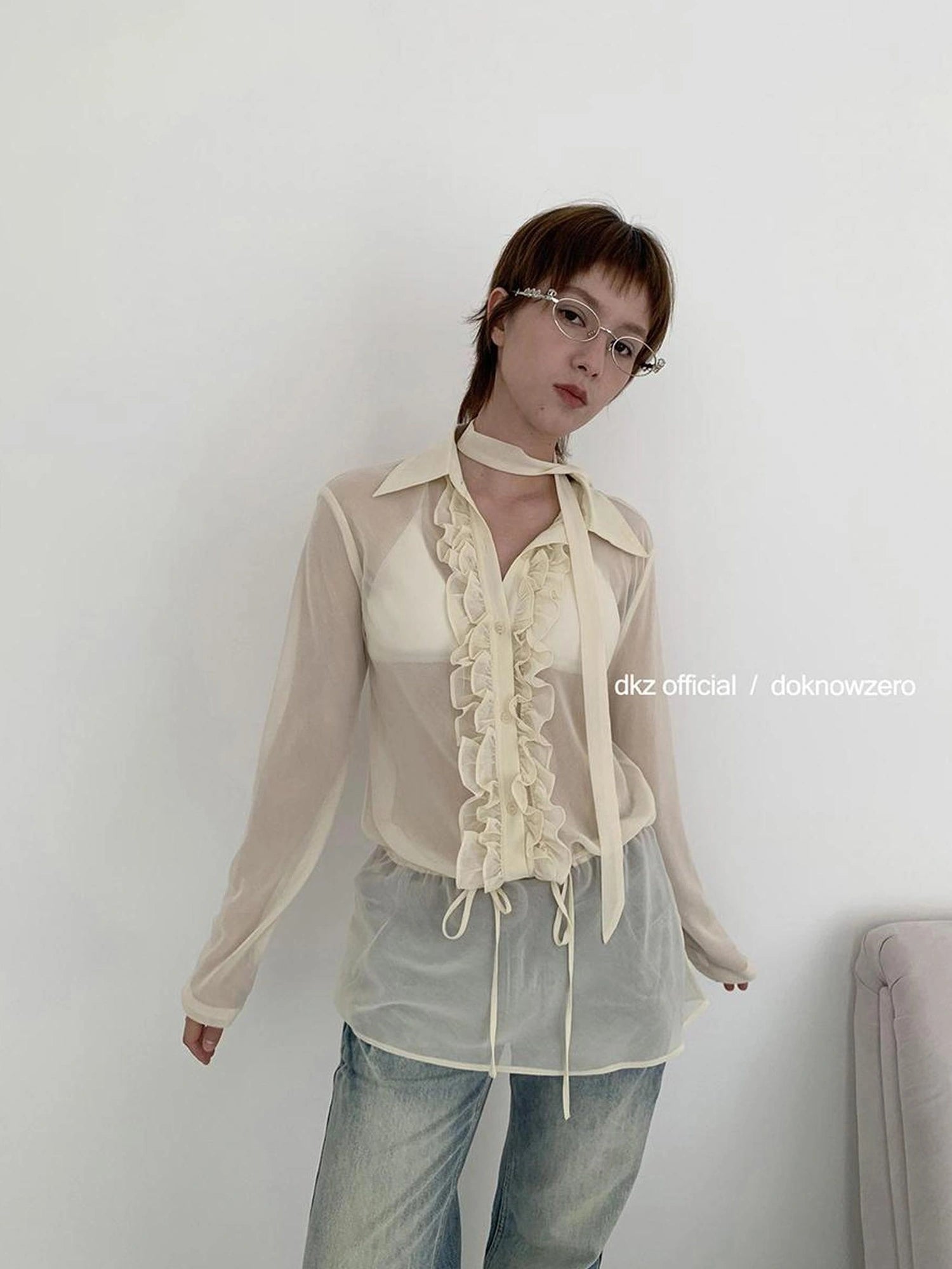 DKZ OFFICIAL Yellow Flounced Sleeve Sheer Midi Blouse Spring Lightweight