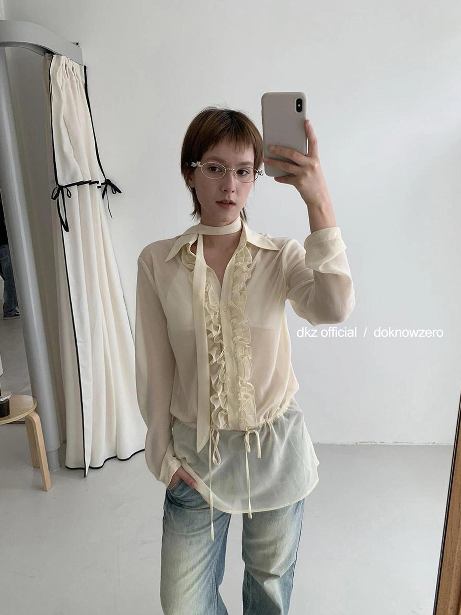 DKZ OFFICIAL Yellow Flounced Sleeve Sheer Midi Blouse Spring Lightweight