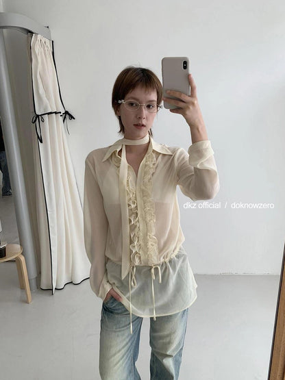 DKZ OFFICIAL Yellow Flounced Sleeve Sheer Midi Blouse Spring Lightweight