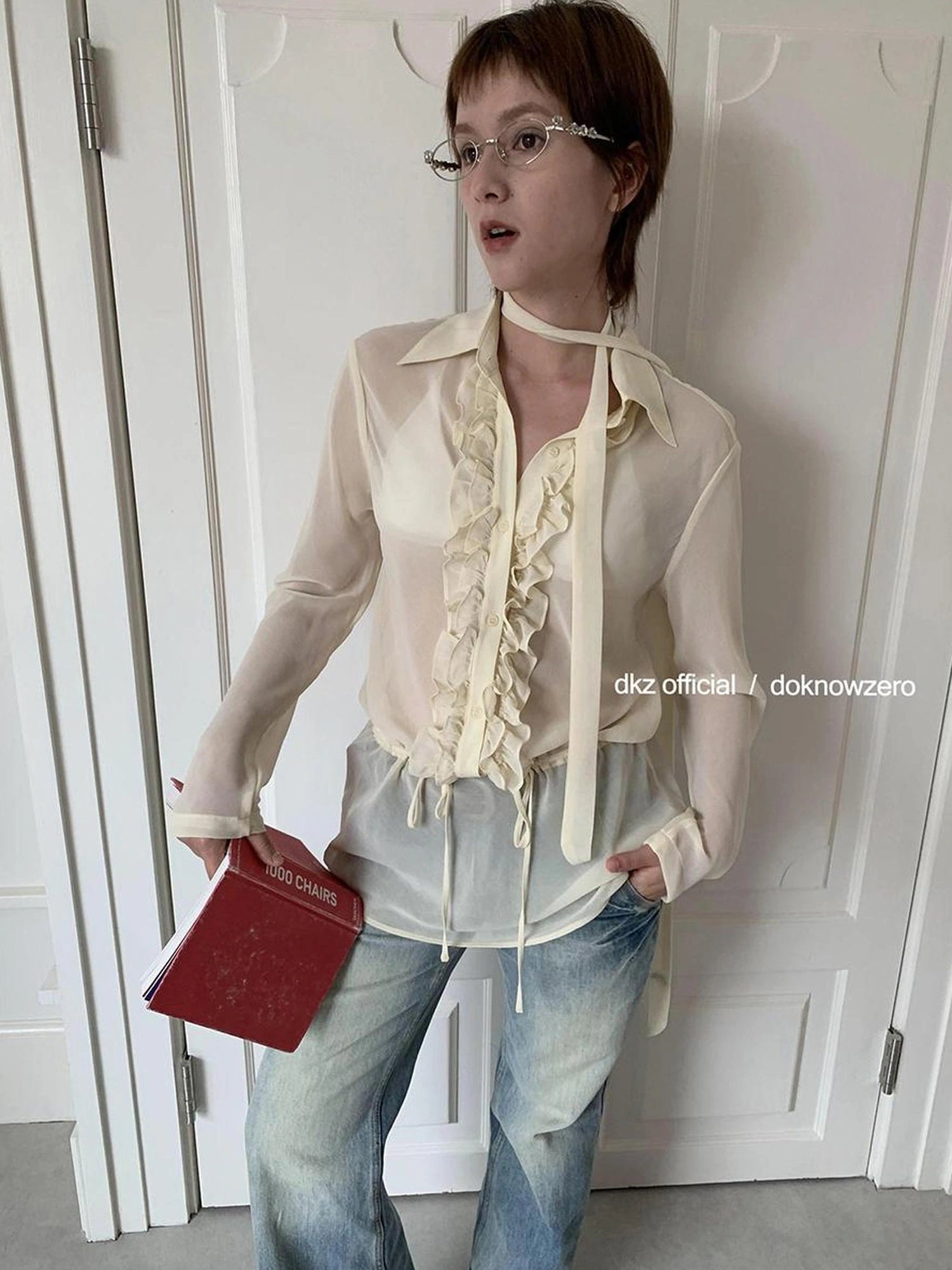 DKZ OFFICIAL Yellow Flounced Sleeve Sheer Midi Blouse Spring Lightweight
