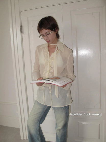 DKZ OFFICIAL Yellow Flounced Sleeve Sheer Midi Blouse Spring Lightweight