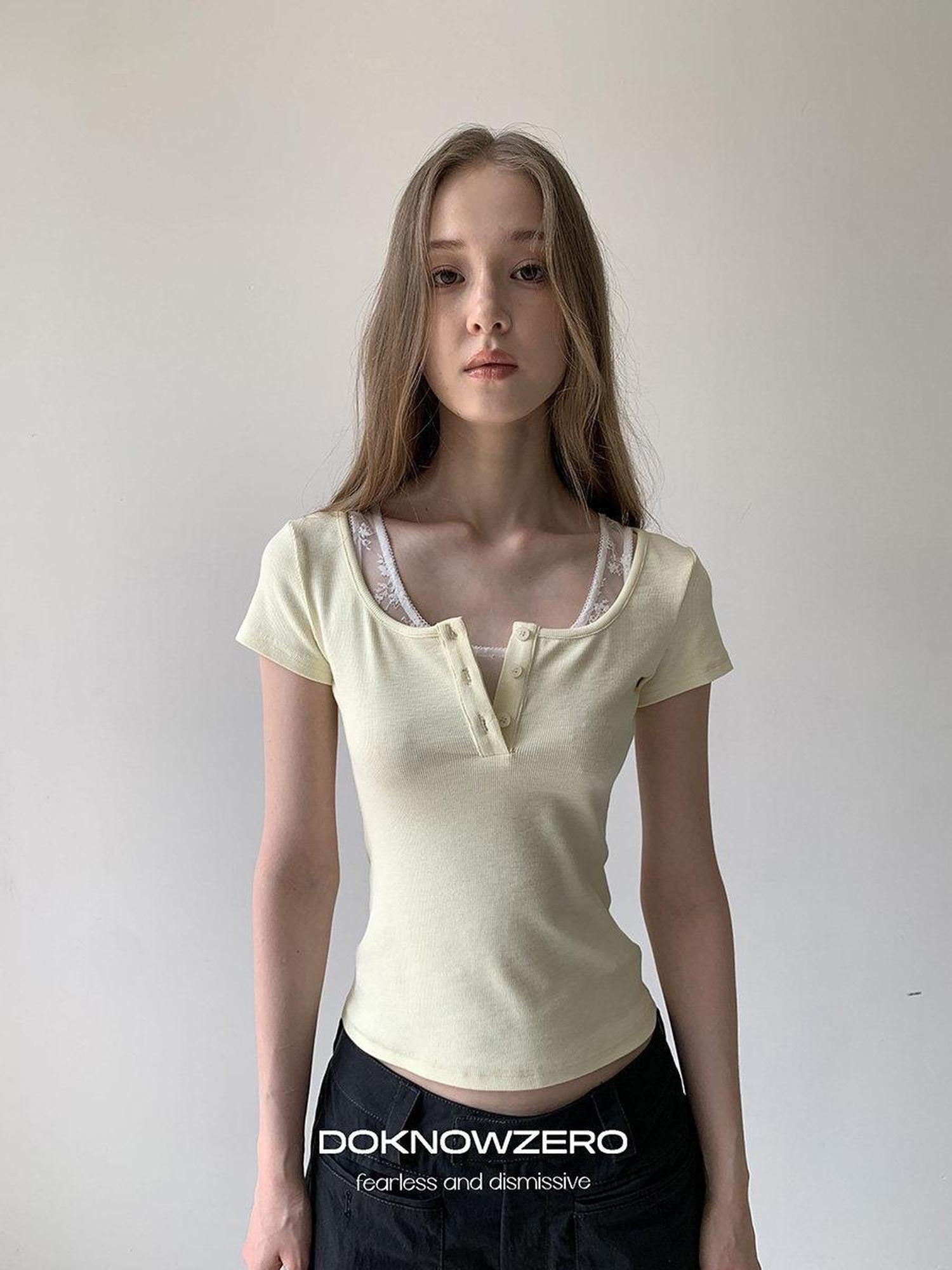 DKZ OFFICIAL Yellow Lace Splice Faux Two Piece Henley Women&