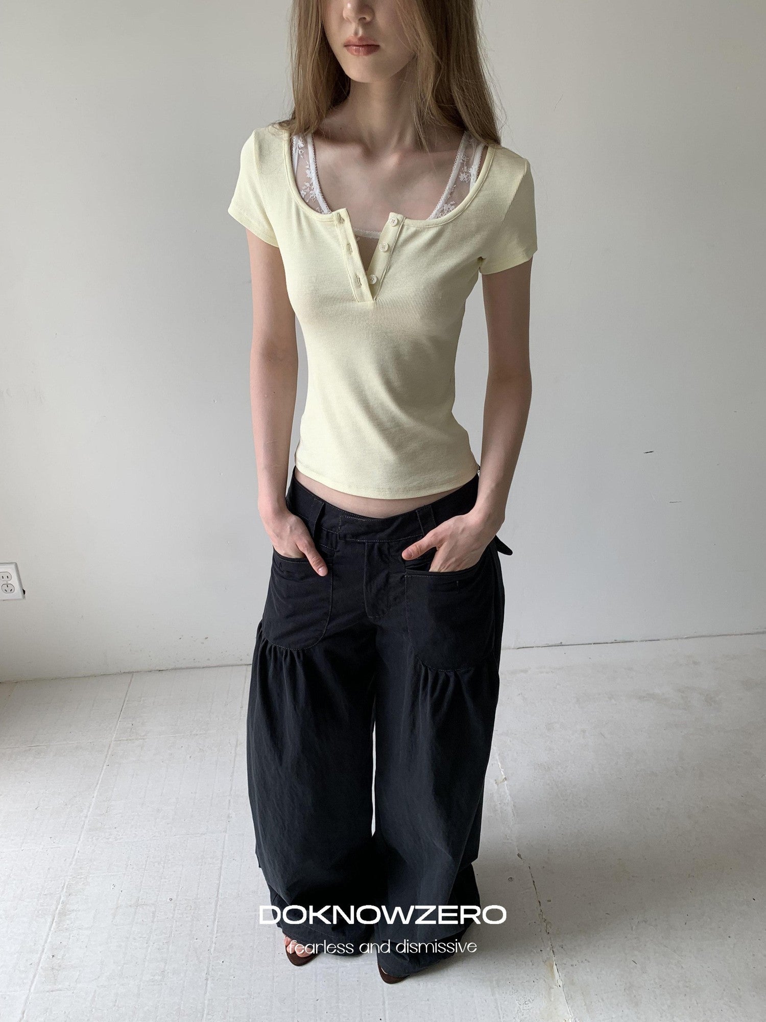 DKZ OFFICIAL Yellow Lace Splice Faux Two Piece Henley Women&