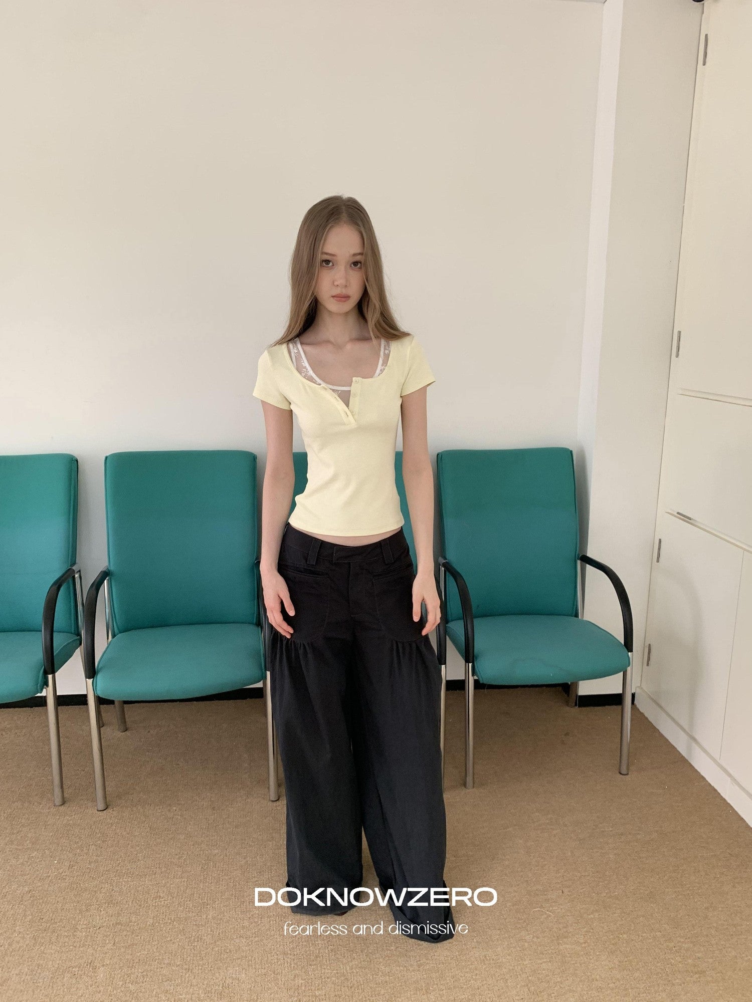 DKZ OFFICIAL Yellow Lace Splice Faux Two Piece Henley Women&