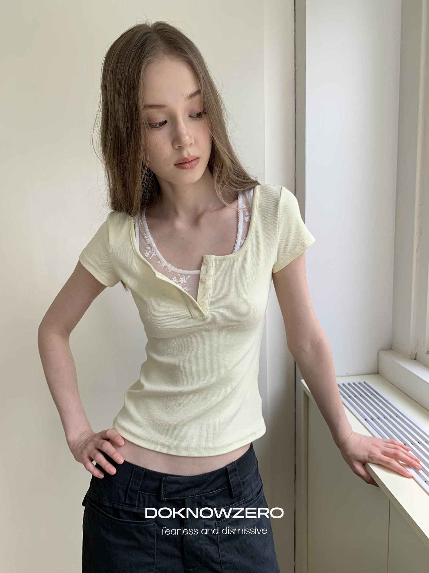 DKZ OFFICIAL Yellow Lace Splice Faux Two Piece Henley Women&