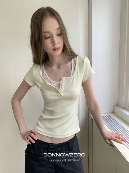 DKZ OFFICIAL Yellow Lace Splice Faux Two Piece Henley Women&