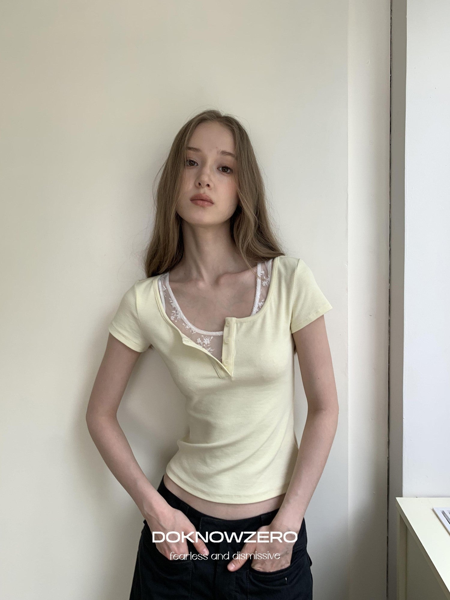 DKZ OFFICIAL Yellow Lace Splice Faux Two Piece Henley Women&