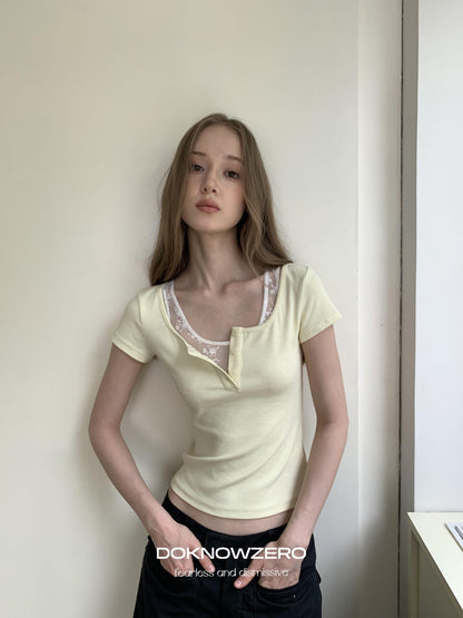 DKZ OFFICIAL Yellow Lace Splice Faux Two Piece Henley Women&