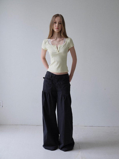 DKZ OFFICIAL Yellow Lace Splice Faux Two Piece Henley Women&