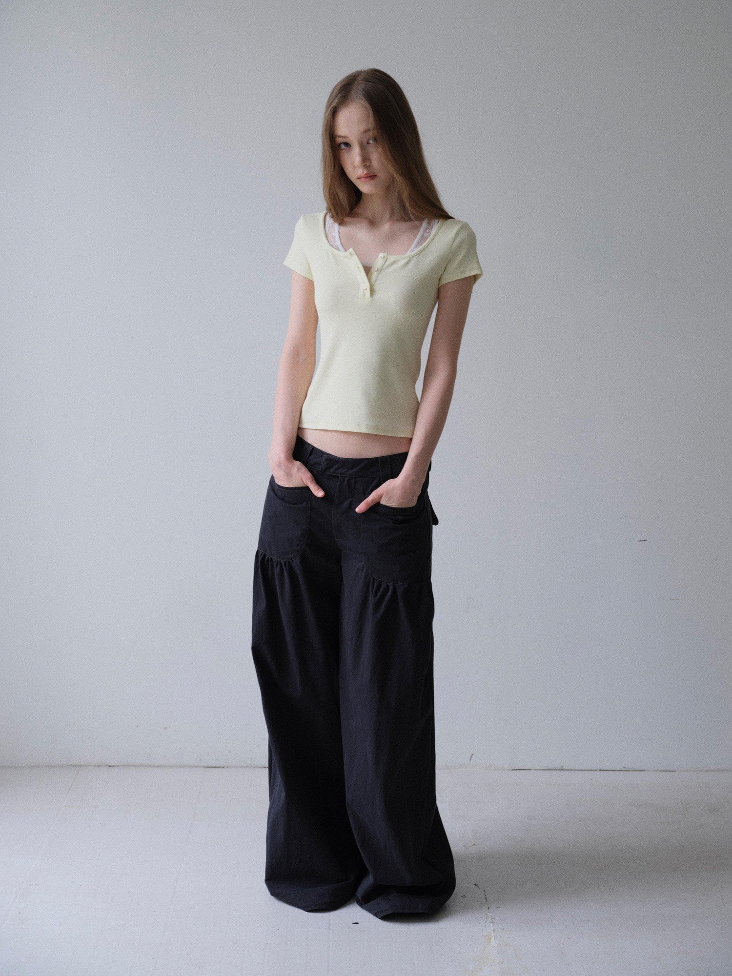 DKZ OFFICIAL Yellow Lace Splice Faux Two Piece Henley Women&