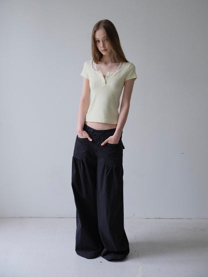 DKZ OFFICIAL Yellow Lace Splice Faux Two Piece Henley Women&