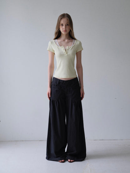 DKZ OFFICIAL Yellow Lace Splice Faux Two Piece Henley Women&