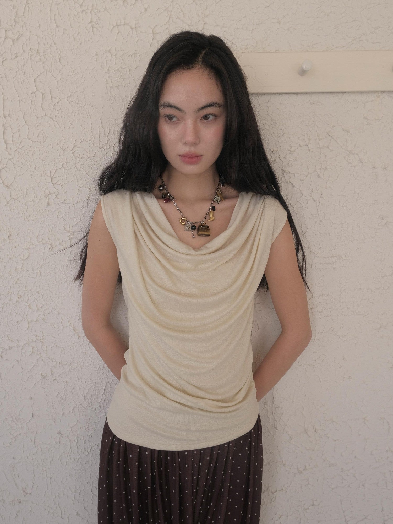 DKZ OFFICIAL Yellow Mesh Open Back Cowl Neck Women&