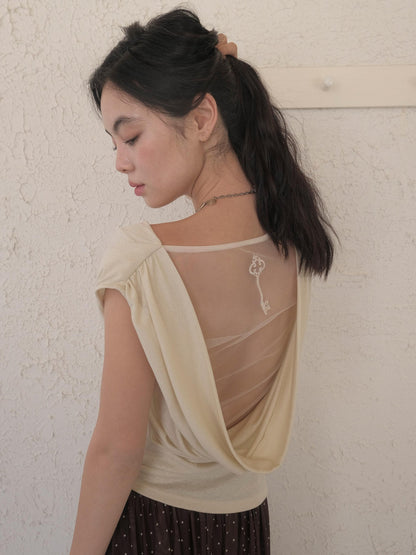 DKZ OFFICIAL Yellow Mesh Open Back Cowl Neck Women&