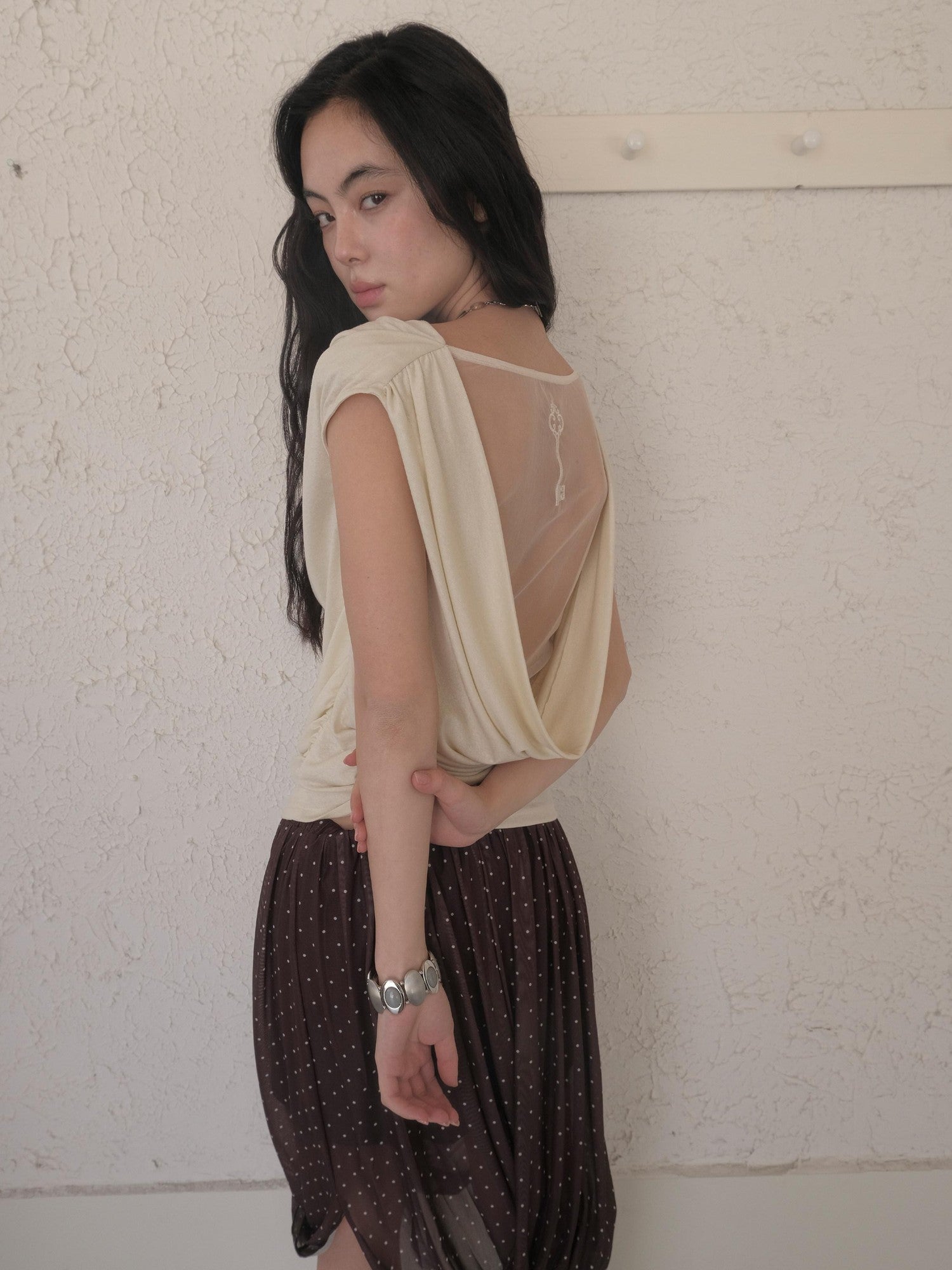 DKZ OFFICIAL Yellow Mesh Open Back Cowl Neck Women&