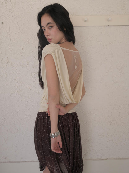 DKZ OFFICIAL Yellow Mesh Open Back Cowl Neck Women&