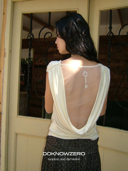 DKZ OFFICIAL Yellow Mesh Open Back Cowl Neck Women&