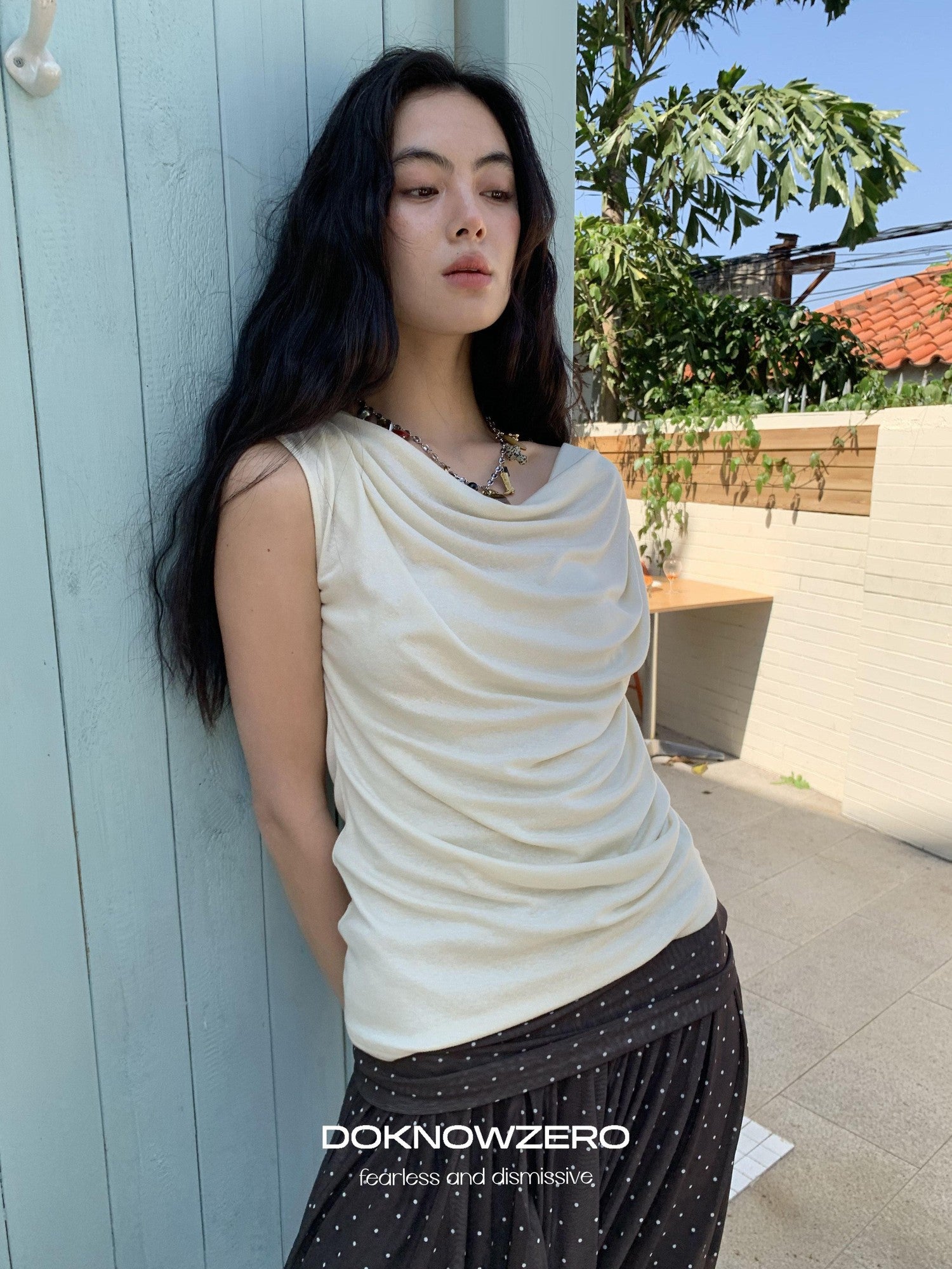 DKZ OFFICIAL Yellow Mesh Open Back Cowl Neck Women&