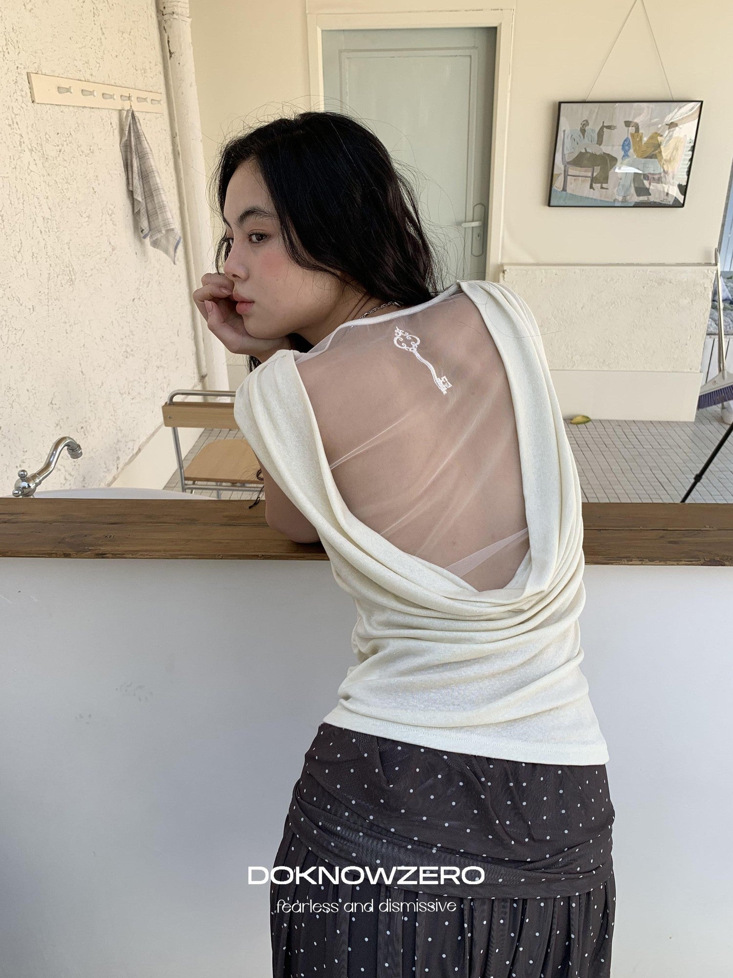 DKZ OFFICIAL Yellow Mesh Open Back Cowl Neck Women&