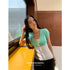 DKZ_OFFICIAL_Yellow_Mint_Colorblock_Single_Button_V-neck_Women&