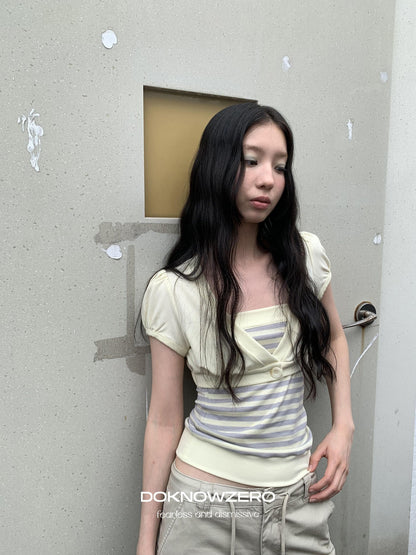 DKZ OFFICIAL Yellow Mint Colorblock Single Button V-neck Women&