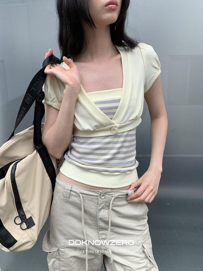 DKZ OFFICIAL Yellow Mint Colorblock Single Button V-neck Women&