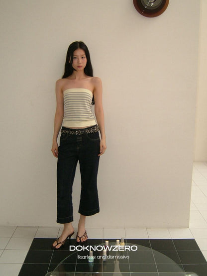 DKZ OFFICIAL Yellow Retro Striped Splice Cropped Slim Women&