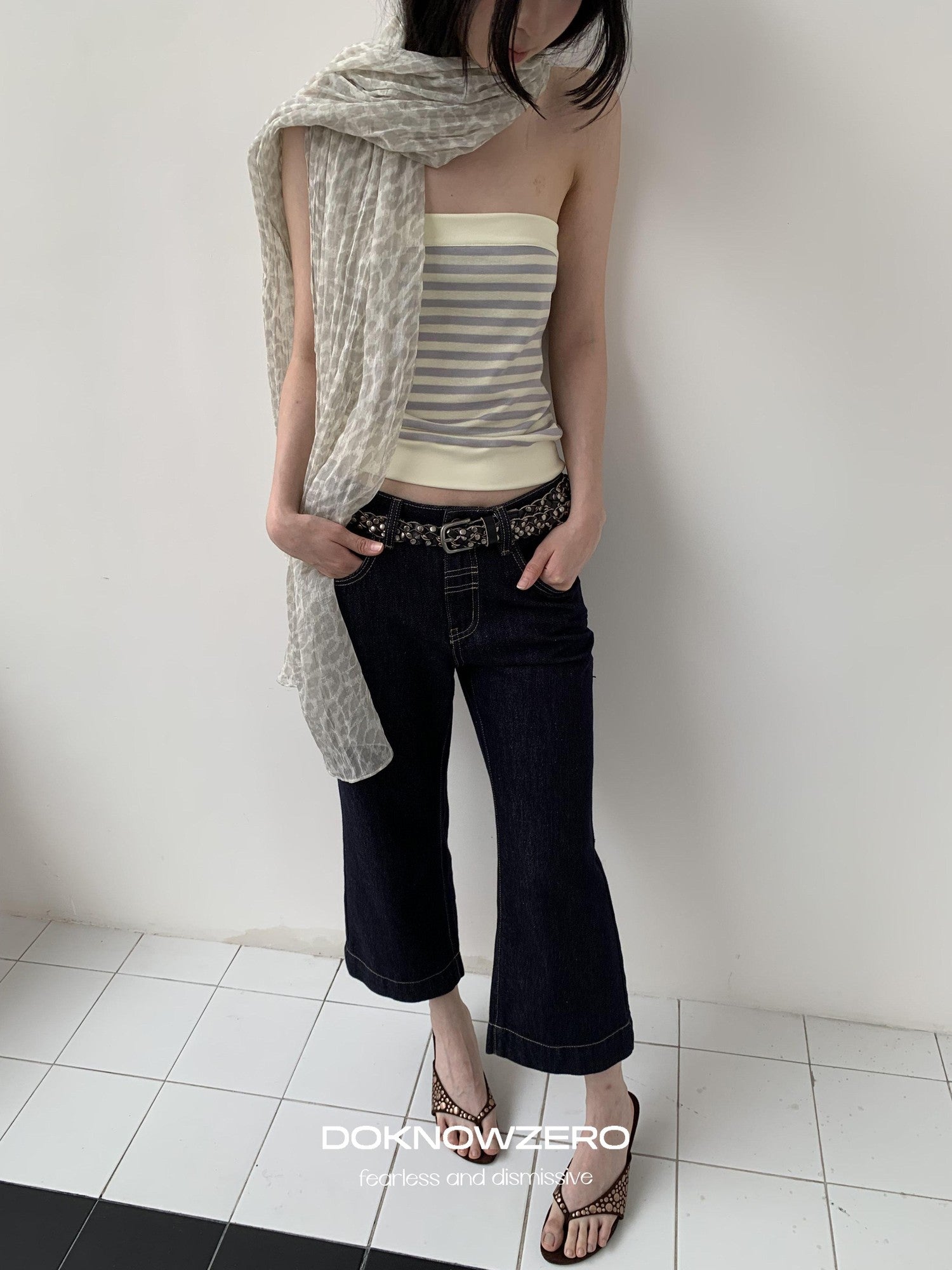 DKZ OFFICIAL Yellow Retro Striped Splice Cropped Slim Women&