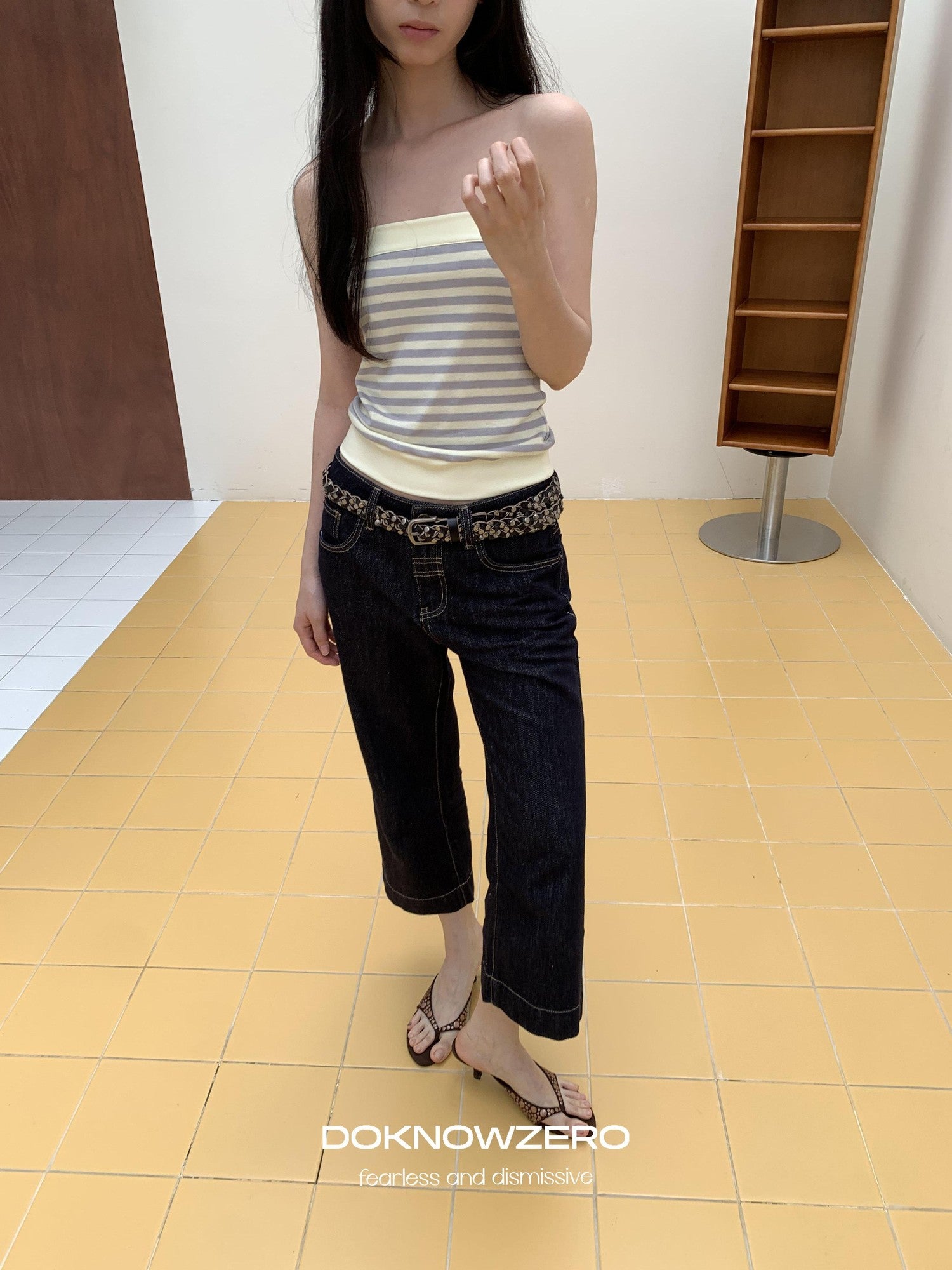 DKZ OFFICIAL Yellow Retro Striped Splice Cropped Slim Women&