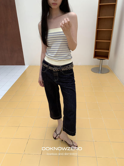 DKZ OFFICIAL Yellow Retro Striped Splice Cropped Slim Women&