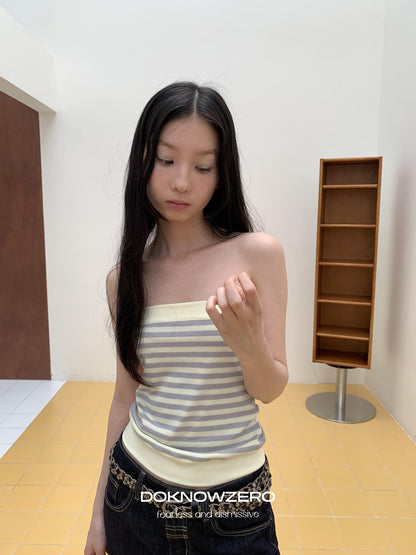 DKZ OFFICIAL Yellow Retro Striped Splice Cropped Slim Women&
