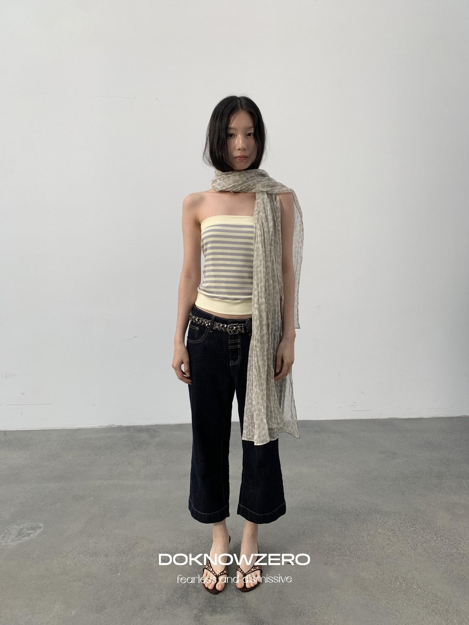 DKZ OFFICIAL Yellow Retro Striped Splice Cropped Slim Women&